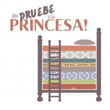 Tall bed stacked with many patterned mattresses and a ladder leading to the top 