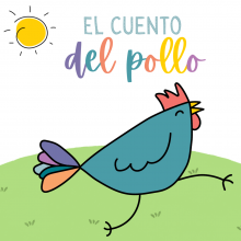 Blue chicken with colorful tail feathers skips under a yellow sun 